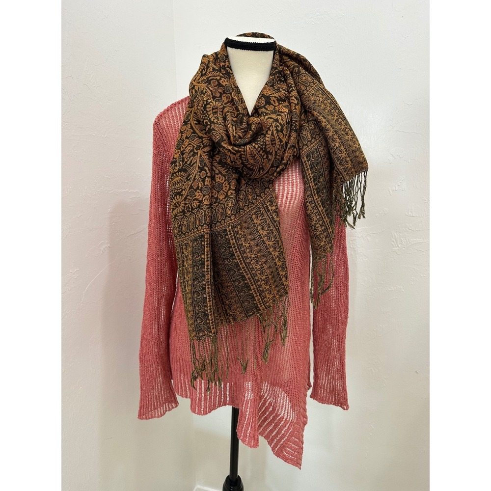 Pashmina Brown Black Paisley Scarf Wrap Fringe Trim 100% Pashmina 68x27 - Picture 2 of 9